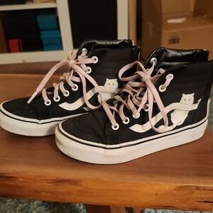 Vans Black and White Kids Sneakers with Pink Laces